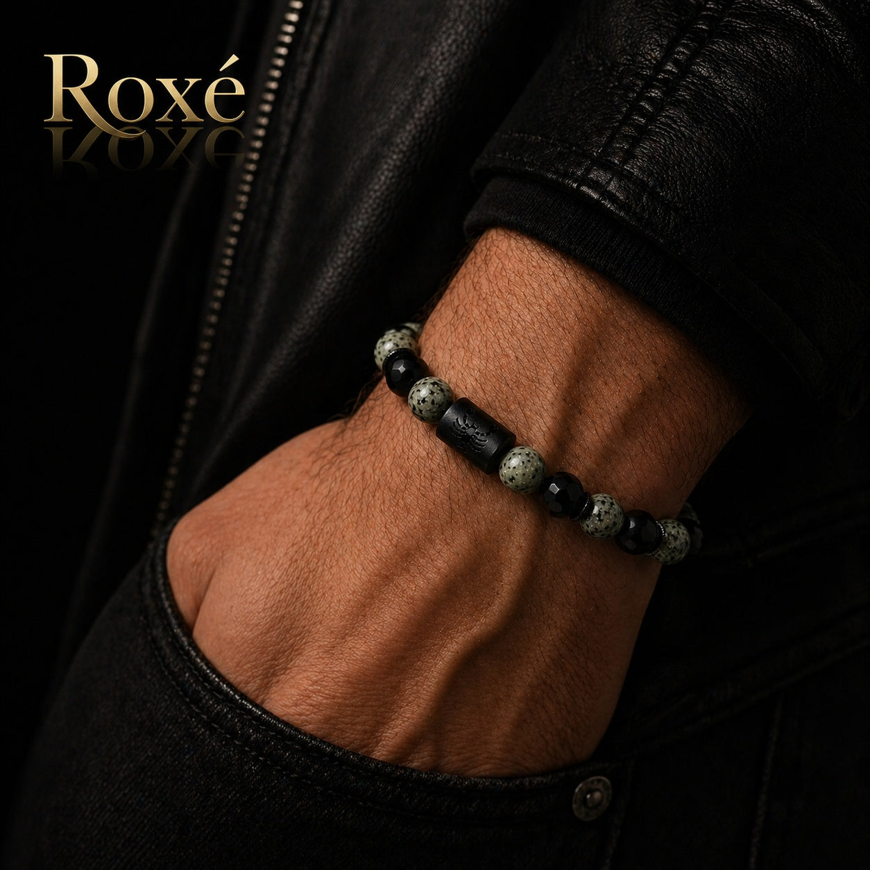 Bratara barbati Roxe zodia Scorpion elastica cu margele negre si verde natural