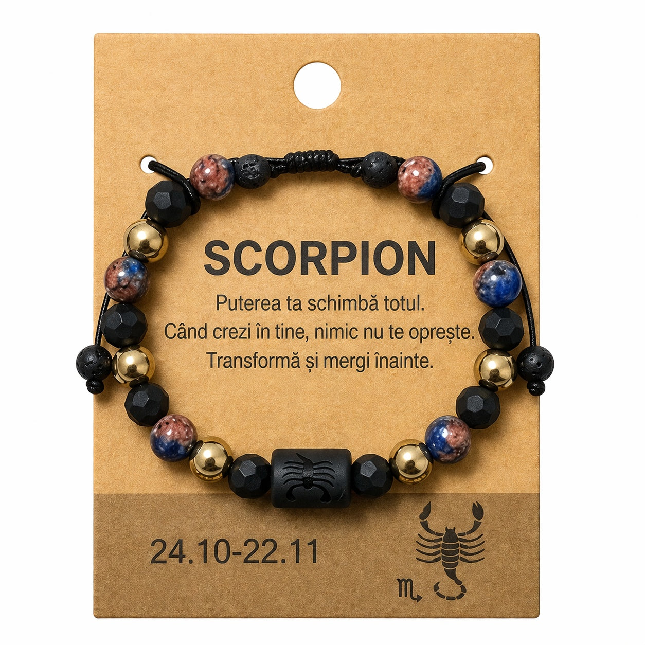 Bratara barbati Roxe zodia Scorpion reglabila cu margele negre si accente aurii