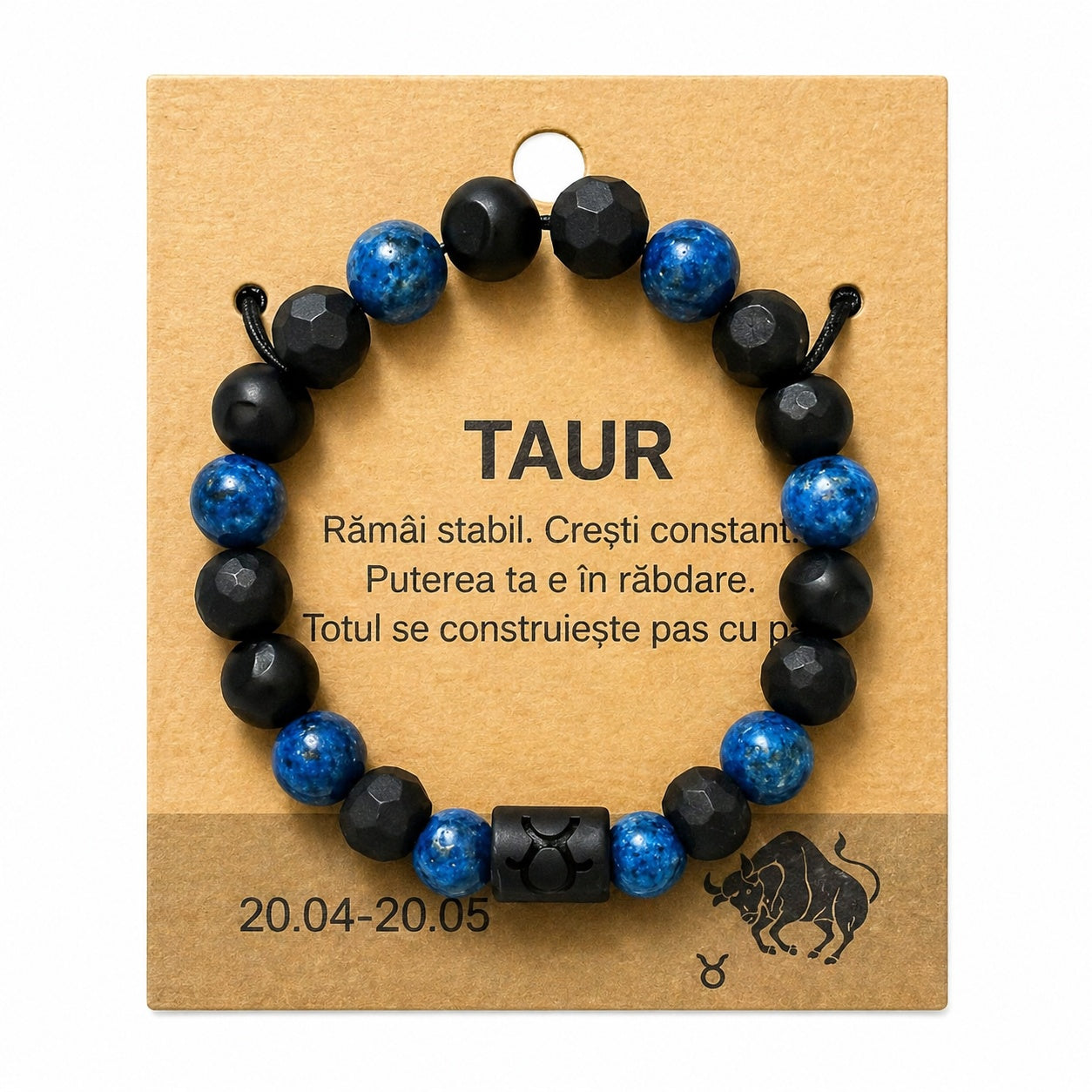 Bratara barbati Roxe zodia Taur elastica cu margele negre si albastre
