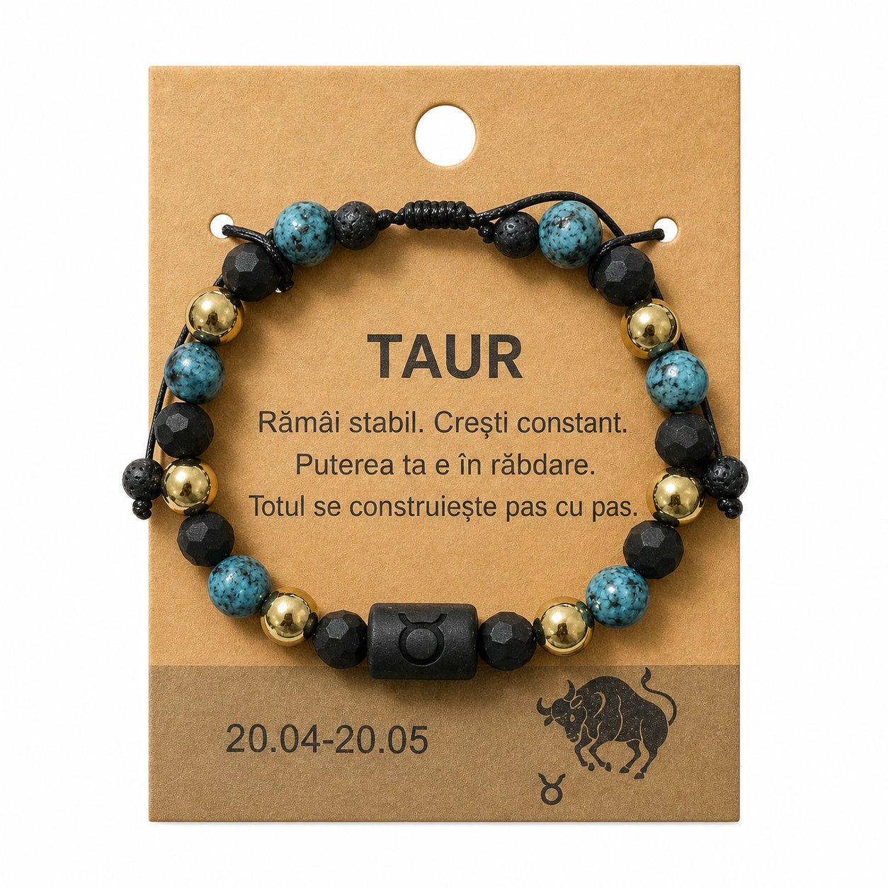Bratara barbati Roxe zodia Taur reglabila cu margele turcoaz si accente aurii