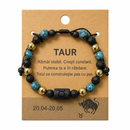 Bratara barbati Roxe zodia Taur reglabila cu margele turcoaz si accente aurii