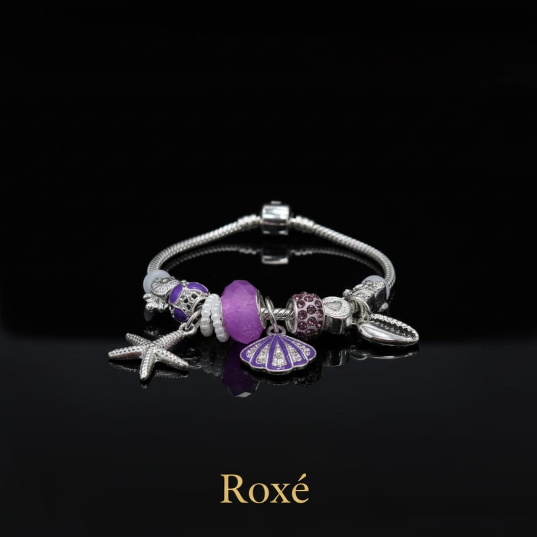 Bratara dama ROXE argintie cu charmuri marine si pandantive elegante, model chic