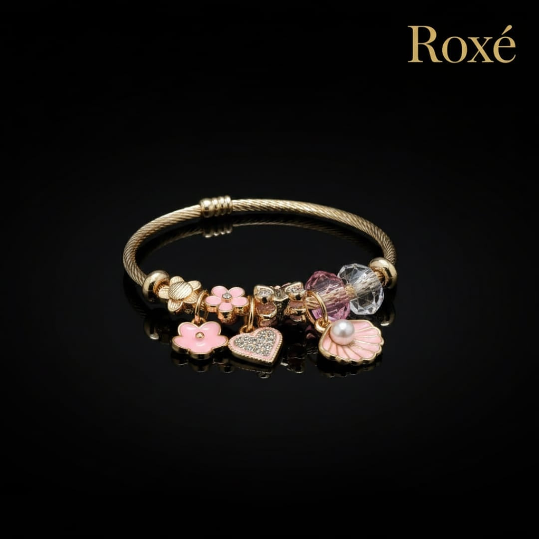 Bratara dama ROXE aurie cu charmuri flori si scoica, model elegant cu cristale