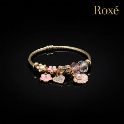 Bratara dama ROXE aurie cu charmuri flori si scoica, model elegant cu cristale