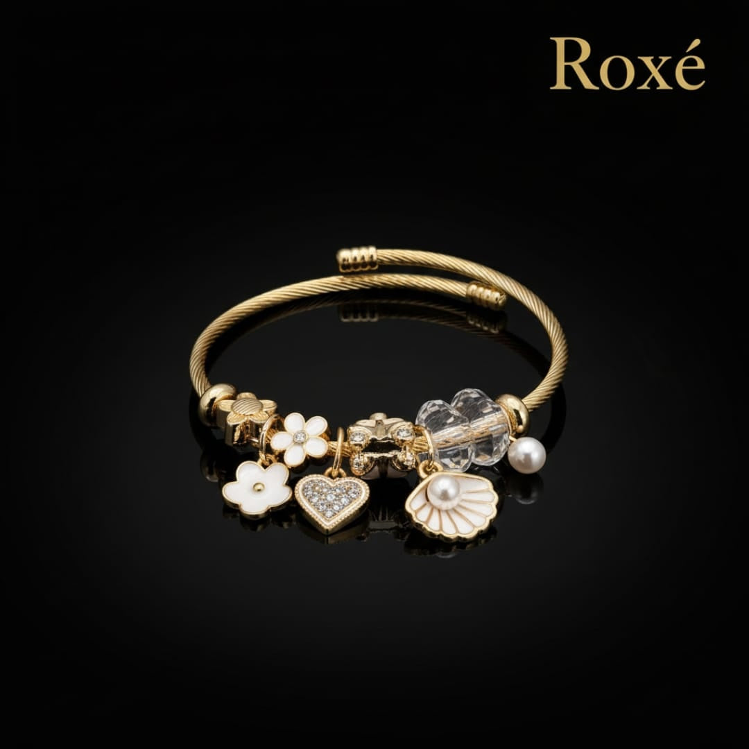 Bratara dama ROXE aurie cu charmuri flori si scoica, model elegant cu cristale