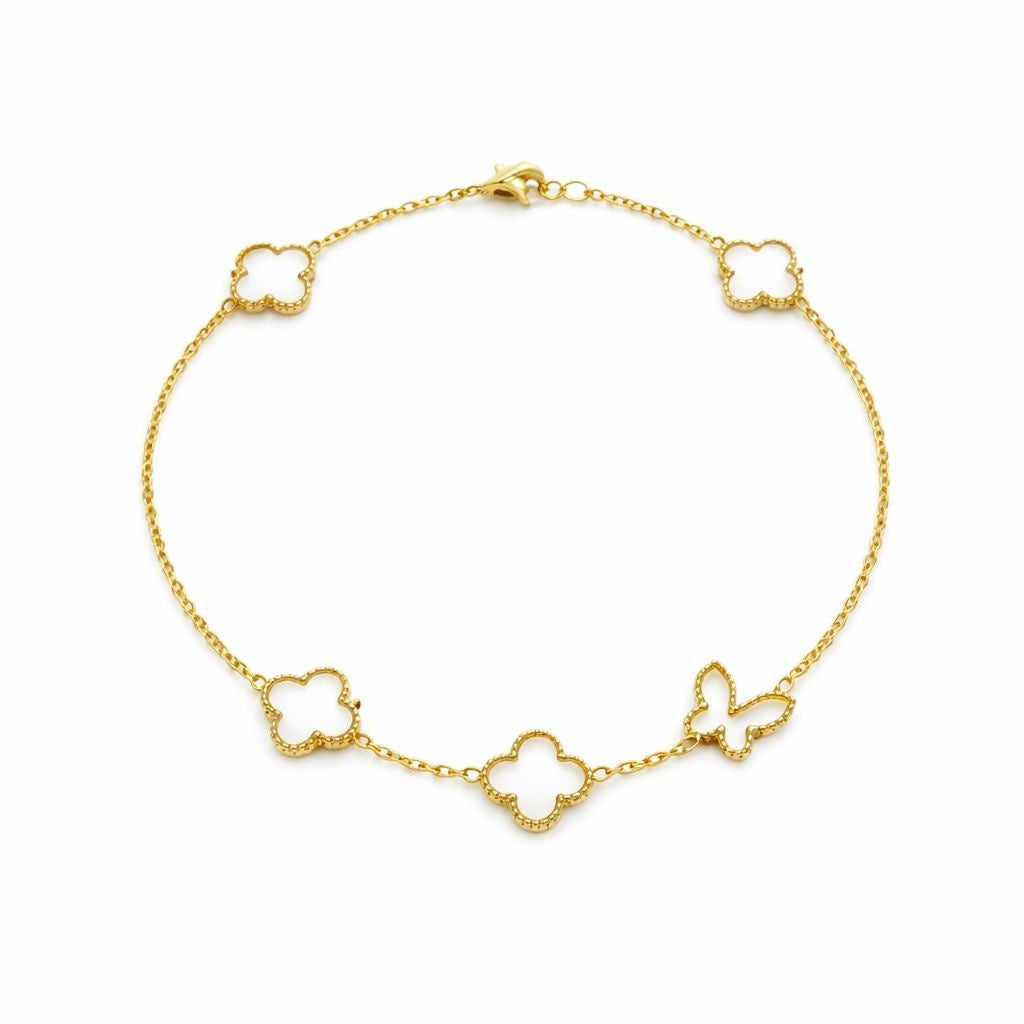 Bratara premium aurie ROXE cu flori delicate si fluture, reglabila 17+4 cm