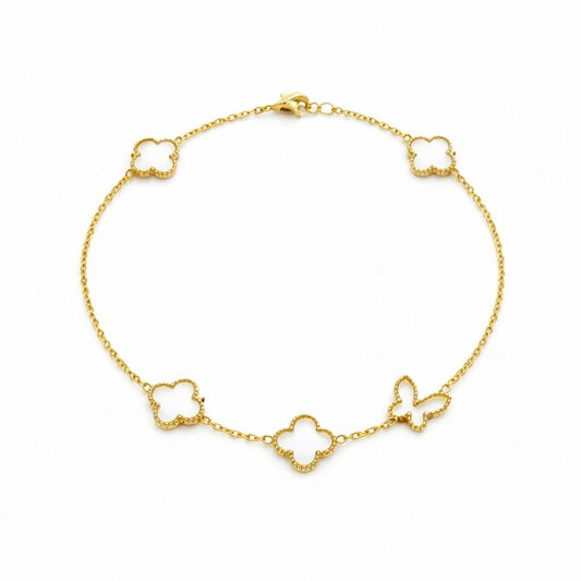 Bratara premium aurie ROXE cu flori delicate si fluture, reglabila 17+4 cm