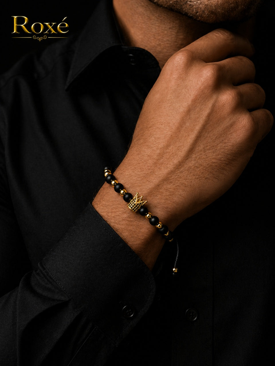 Bratara reglabila Roxe barbati neagra cu auriu si coroana design elegant premium