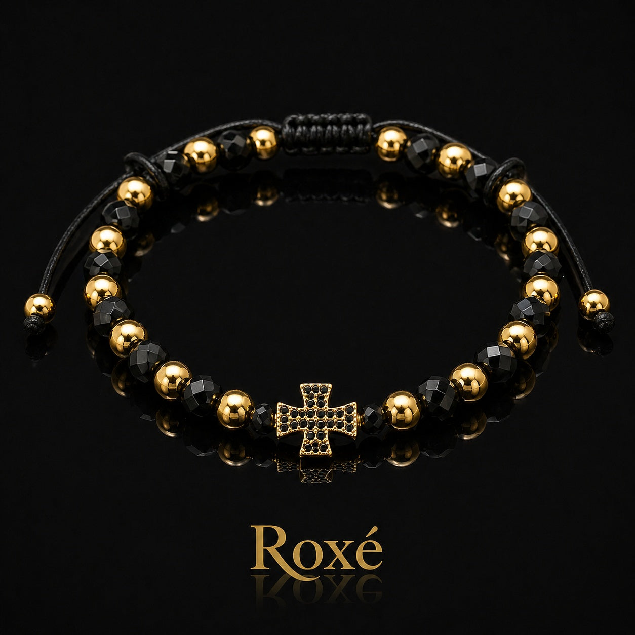 Bratara reglabila Roxe barbati negru si auriu cu cruce design elegant premium
