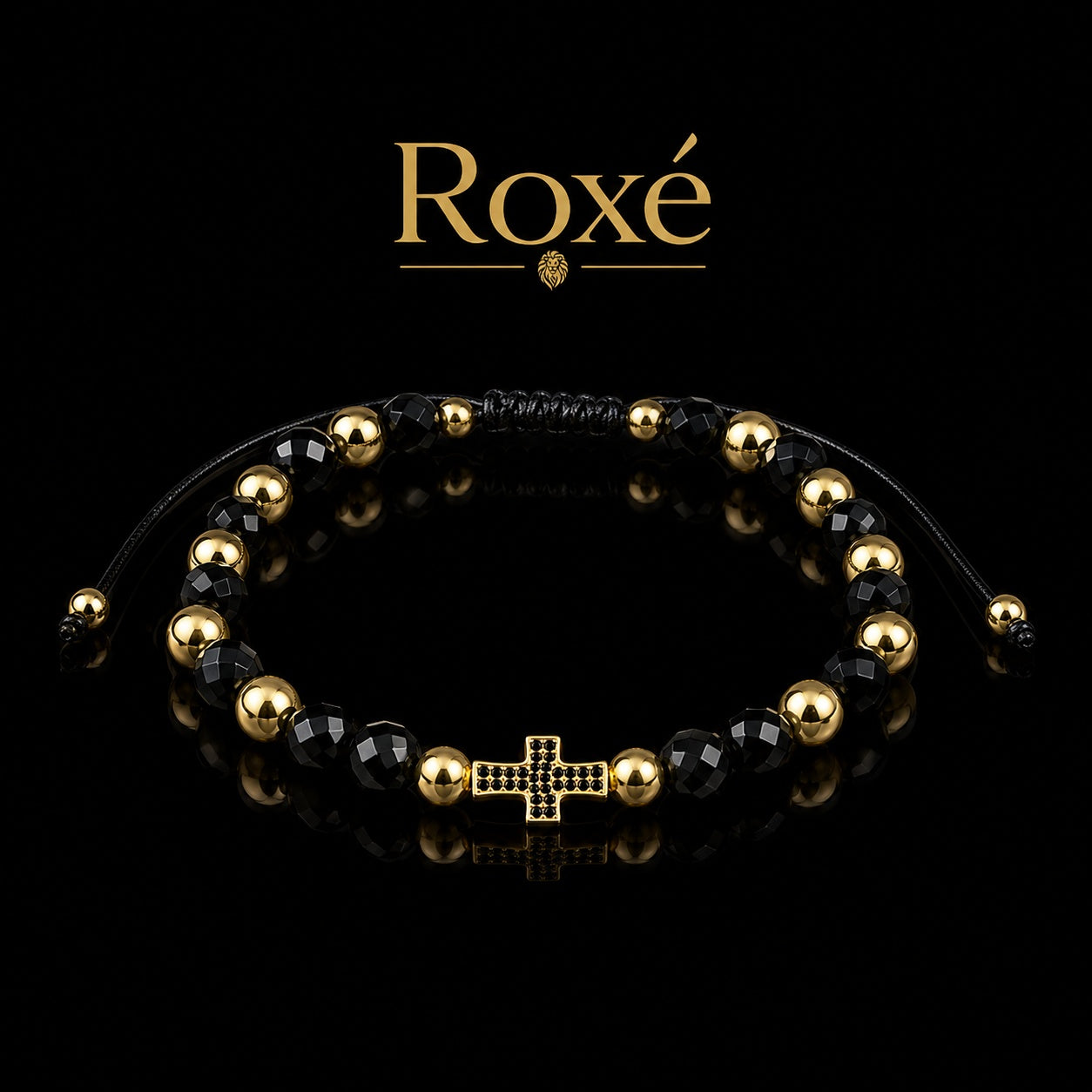 Bratara reglabila Roxe barbati negru si auriu cu cruce stil elegant modern