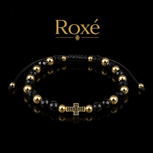 Bratara reglabila Roxe barbati negru si auriu cu cruce stil elegant modern