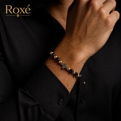 Bratara reglabila Roxe barbati negru si auriu cu cruce stil elegant modern