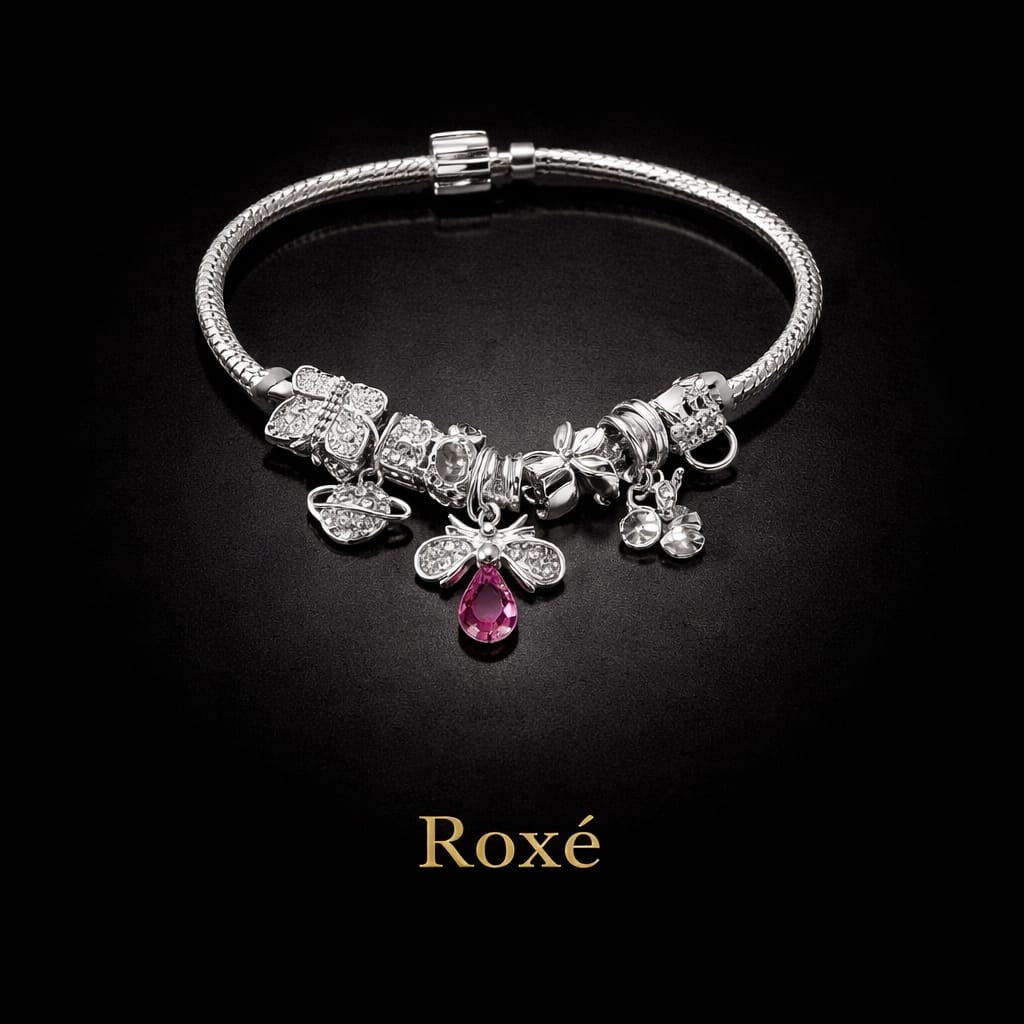 Bratara ROXE argintie cu albinuta charmuri elegante si cristale culori mixte