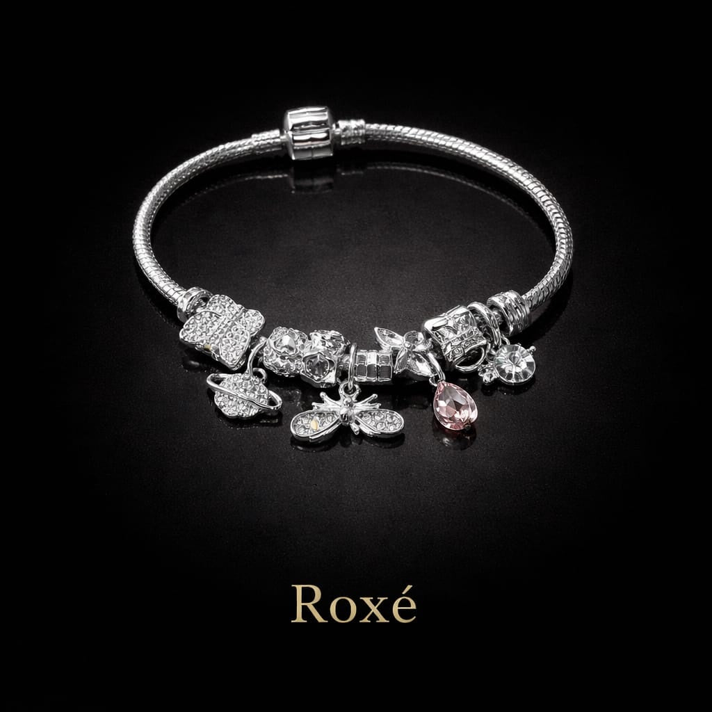 Bratara ROXE argintie cu albinuta charmuri elegante si cristale culori mixte