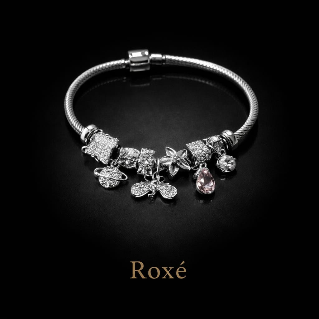 Bratara ROXE argintie cu albinuta charmuri elegante si cristale culori mixte