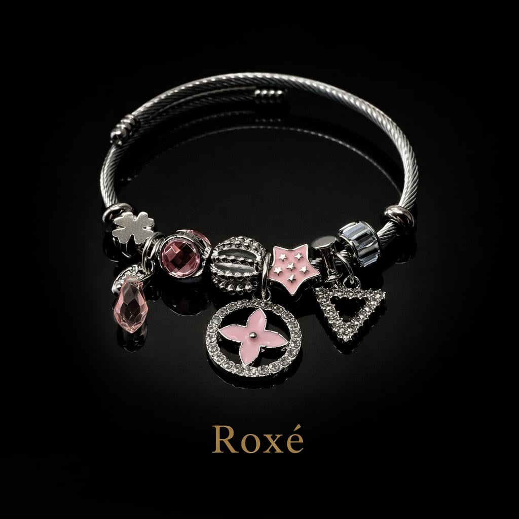 Bratara ROXE argintie cu charmuri elegante si cristale culori mixte