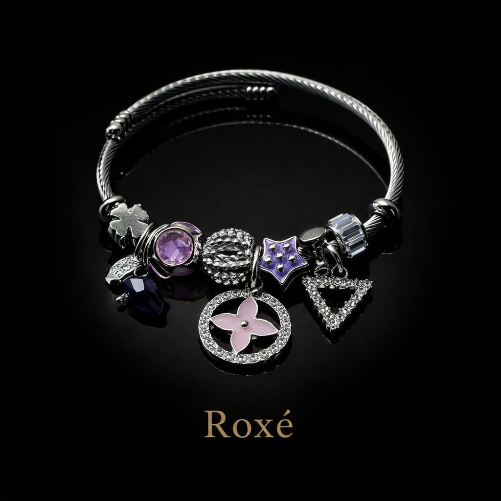 Bratara ROXE argintie cu charmuri elegante si cristale culori mixte