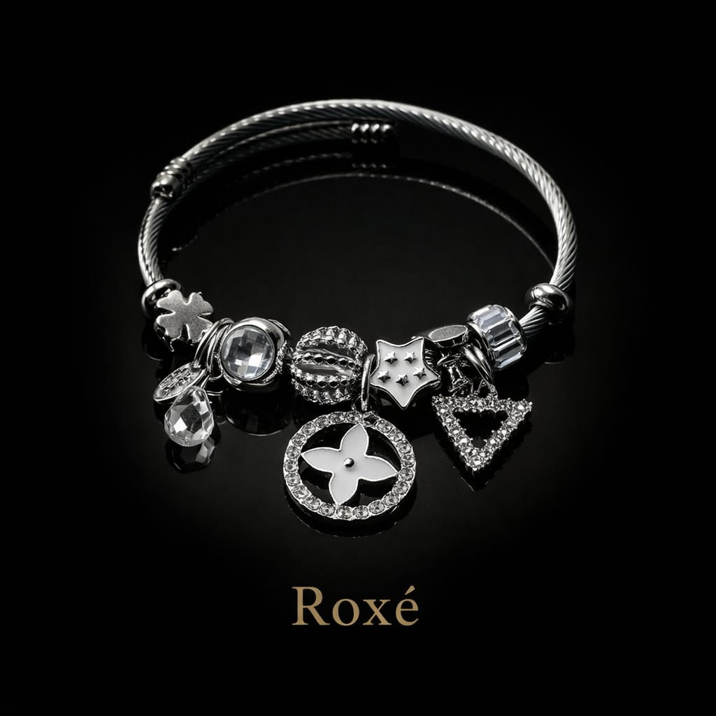 Bratara ROXE argintie cu charmuri elegante si cristale culori mixte