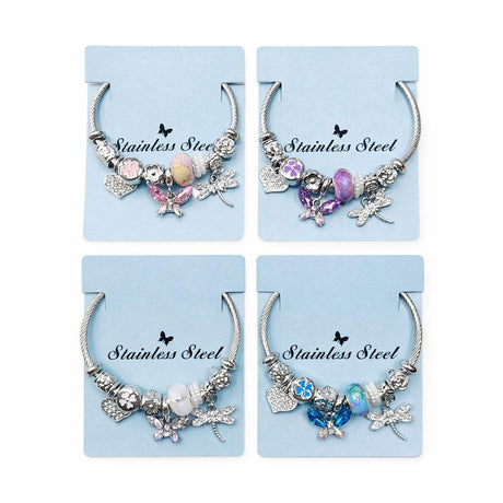 Bratara ROXE argintie cu fluture libelula si inimioara charmuri elegante