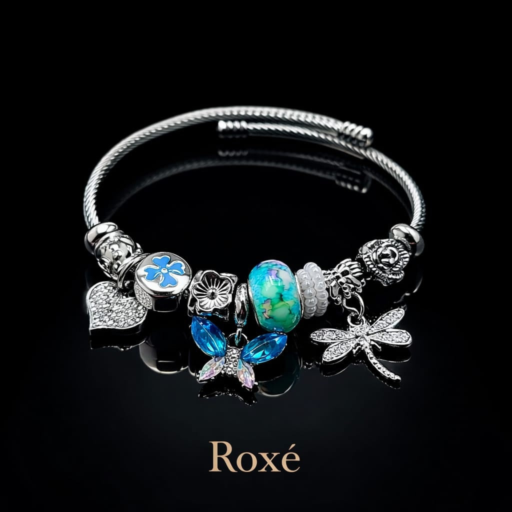 Bratara ROXE argintie cu fluture libelula si inimioara charmuri elegante