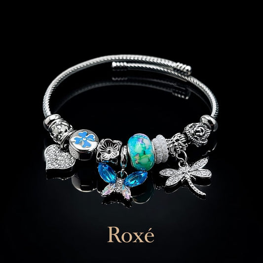 Bratara ROXE argintie cu fluture libelula si inimioara charmuri elegante