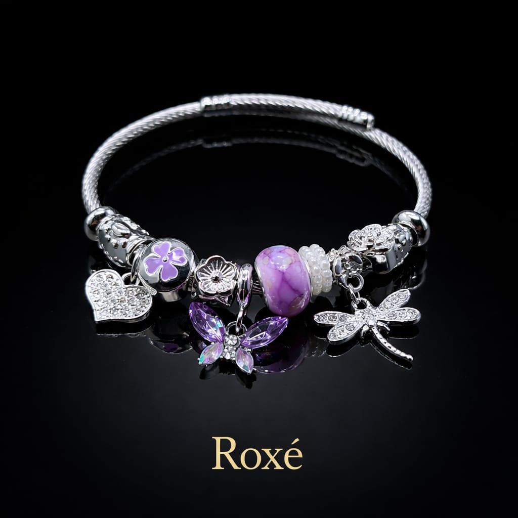 Bratara ROXE argintie cu fluture libelula si inimioara charmuri elegante