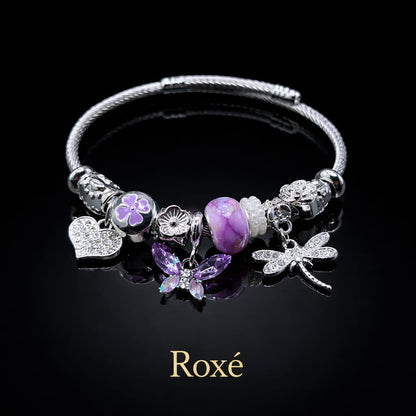 Bratara ROXE argintie cu fluture libelula si inimioara charmuri elegante