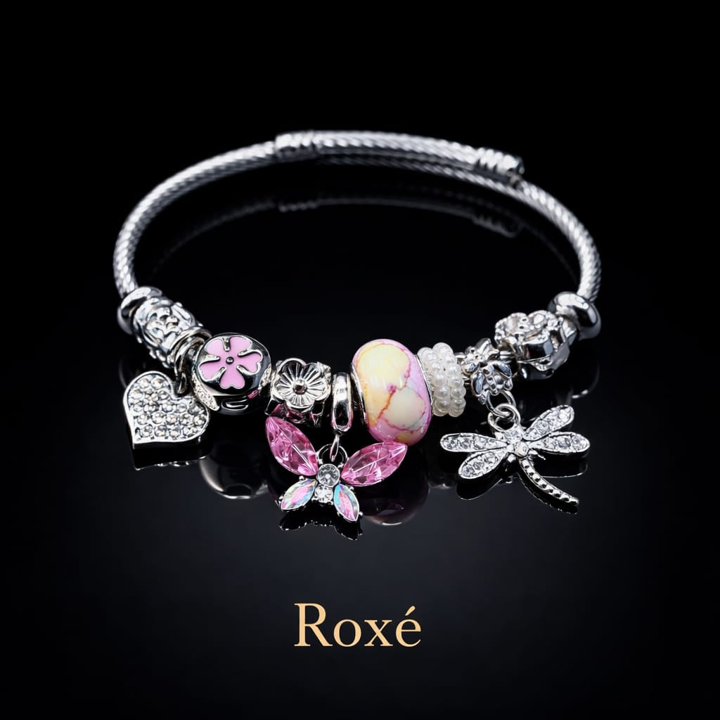 Bratara ROXE argintie cu fluture libelula si inimioara charmuri elegante