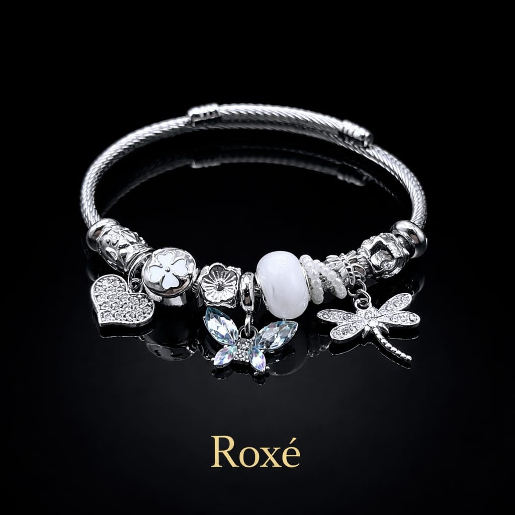 Bratara ROXE argintie cu fluture libelula si inimioara charmuri elegante
