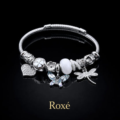 Bratara ROXE argintie cu fluture libelula si inimioara charmuri elegante