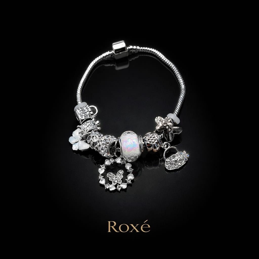 Bratara ROXE argintie cu fluture si posetuta charmuri elegante dama