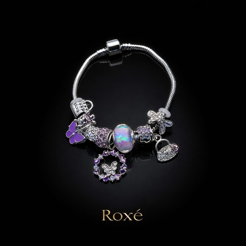 Bratara ROXE argintie cu fluture si posetuta charmuri elegante dama