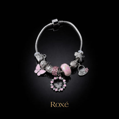 Bratara ROXE argintie cu fluture si posetuta charmuri elegante dama