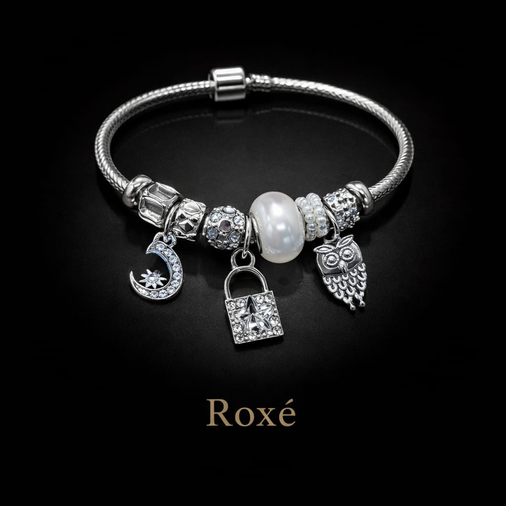 Bratara ROXE argintie cu luna bufnita si lacat charmuri elegante dama