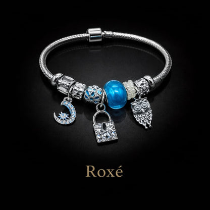 Bratara ROXE argintie cu luna bufnita si lacat charmuri elegante dama