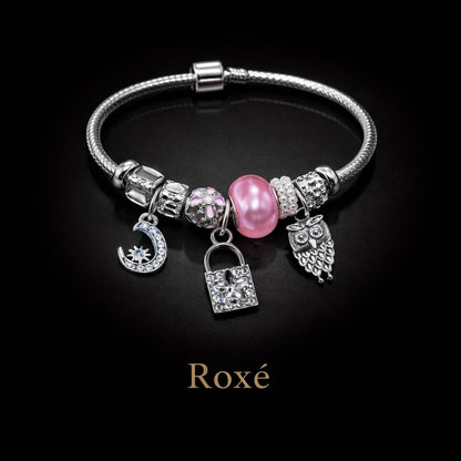 Bratara ROXE argintie cu luna bufnita si lacat charmuri elegante dama