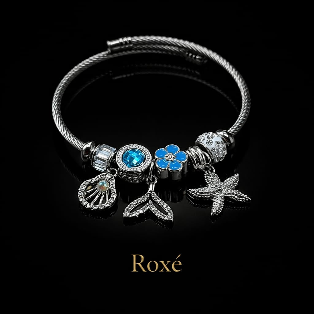 Bratara ROXE argintie cu scoica coada de sirena si stea de mare charmuri