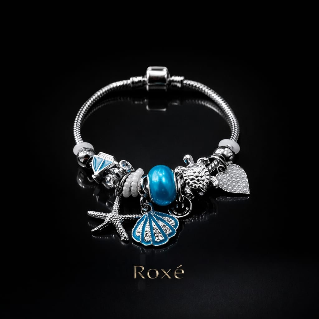 Bratara ROXE argintie cu stea de mare scoica si testoasa charmuri elegante