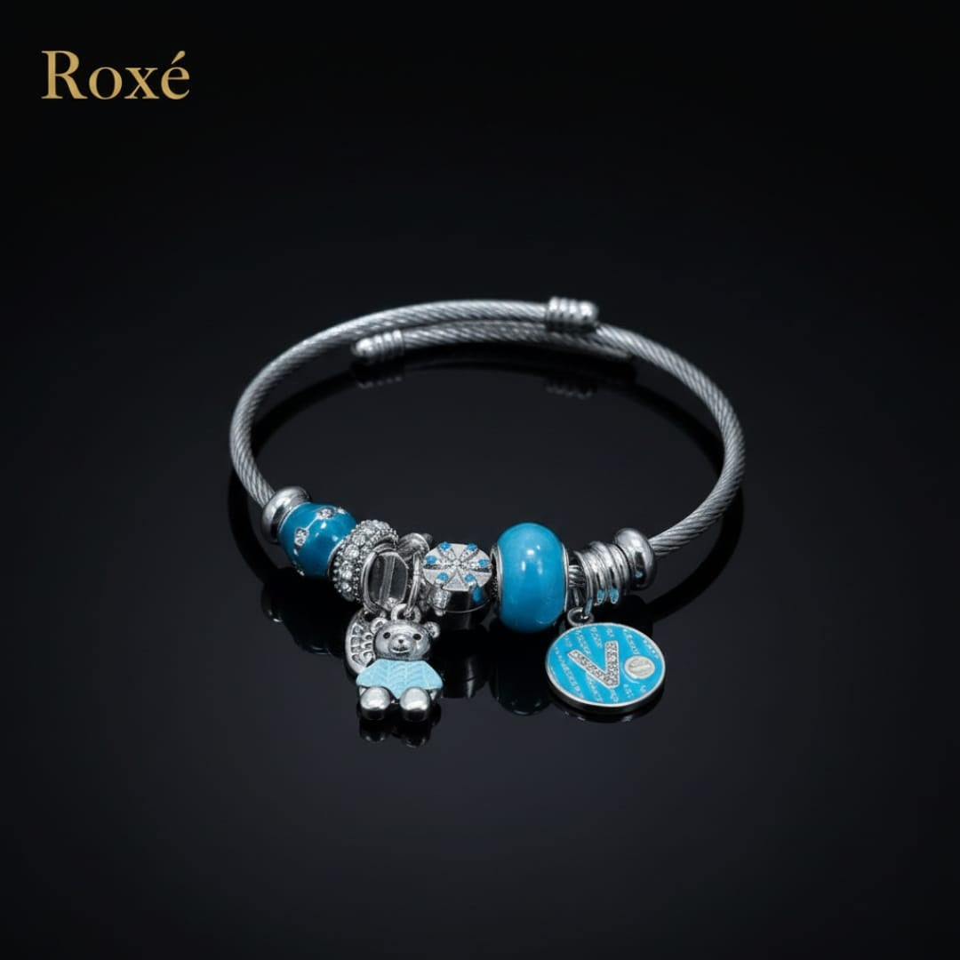 Bratara ROXE argintie cu ursulet charmuri elegante dama cadou stil modern