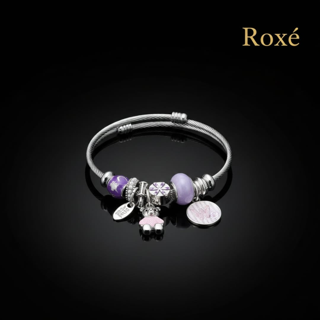 Bratara ROXE argintie cu ursulet charmuri elegante dama cadou stil modern