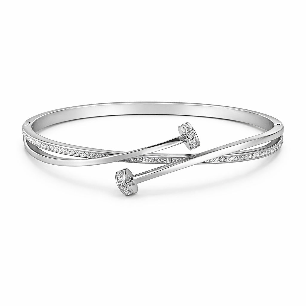 Bratara ROXE argintie eleganta cu design incrucisat si cristale inchizatoare fixa