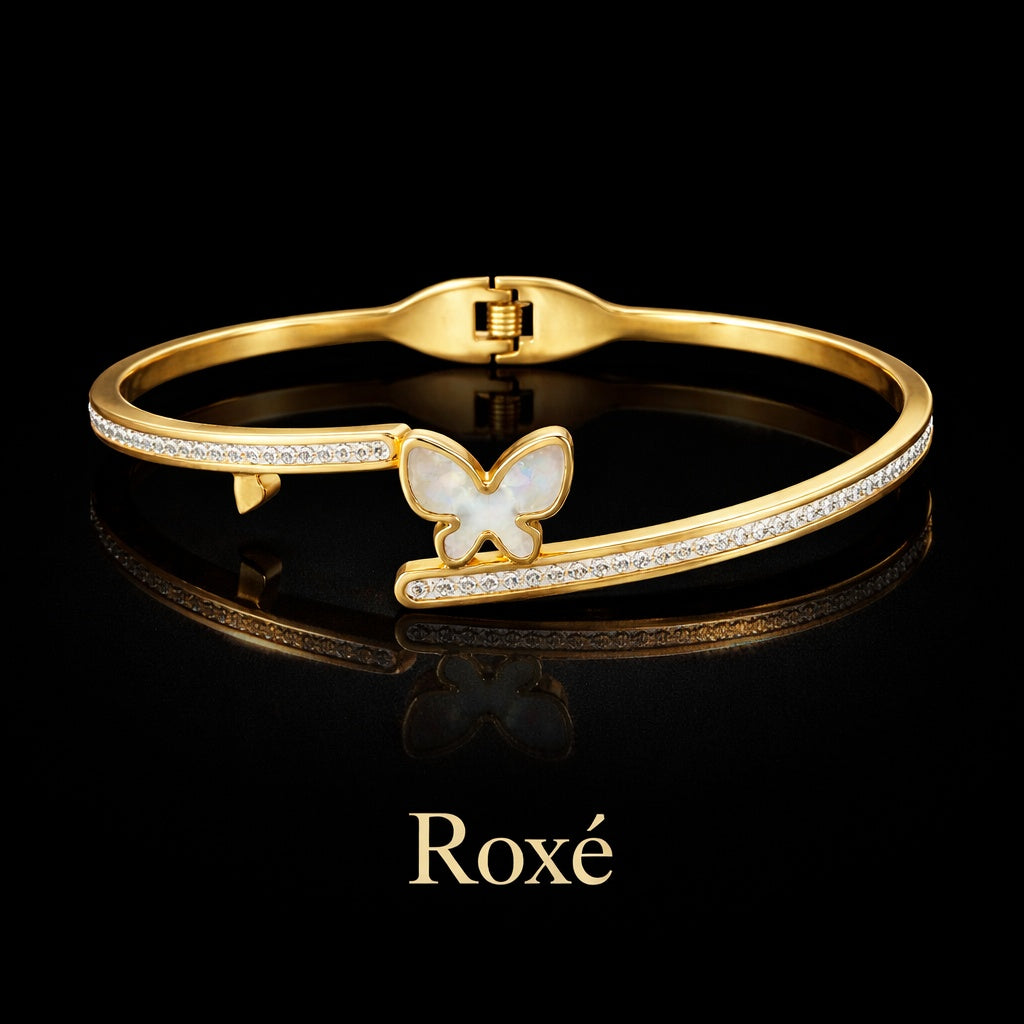 Bratara ROXE aurie cu fluture si cristale stralucitoare design elegant inchidere fixa