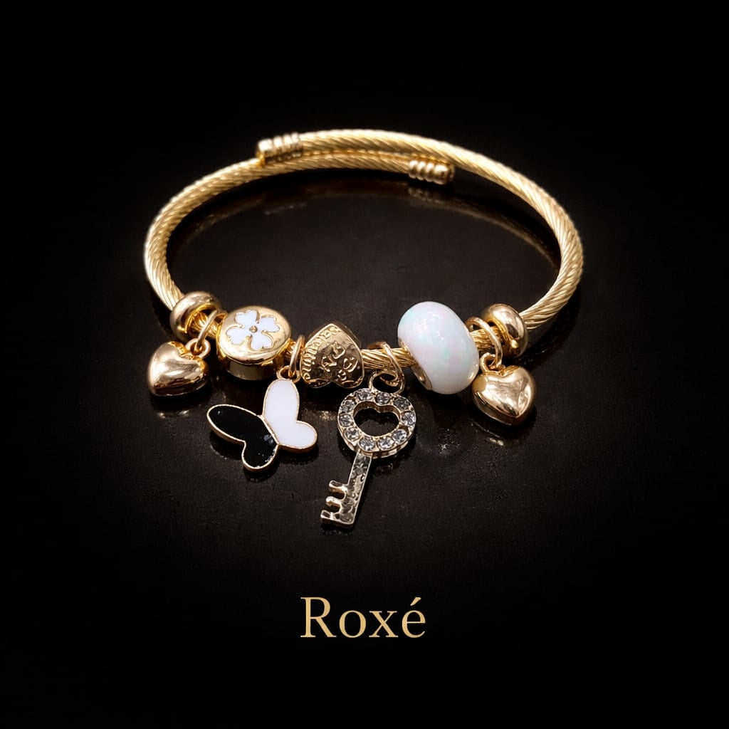 Bratara ROXE aurie cu fluturi cheita si charmuri elegante culori mixte