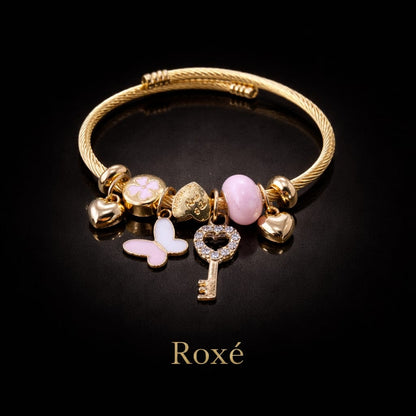 Bratara ROXE aurie cu fluturi cheita si charmuri elegante culori mixte