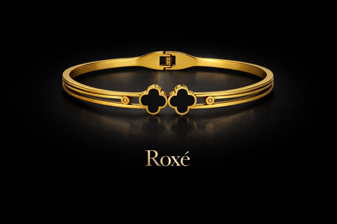 Bratara ROXE aurie cu model trifoi negru design elegant inchizatoare fixa