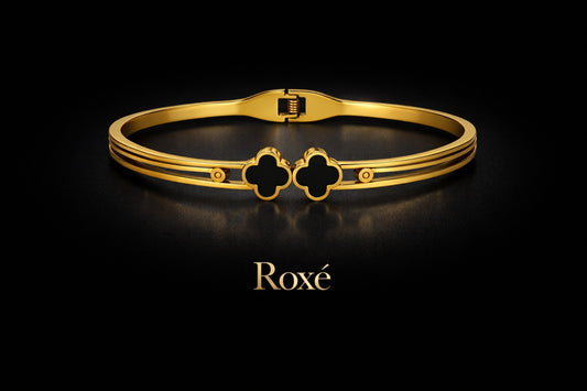 Bratara ROXE aurie cu model trifoi negru design elegant inchizatoare fixa