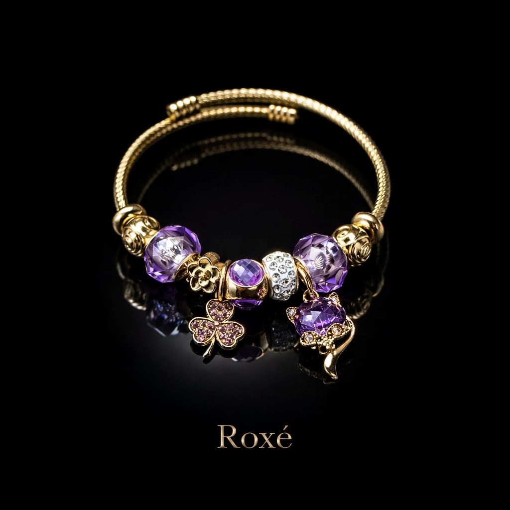 Bratara ROXE aurie cu pisicuta si trifoi charmuri elegante dama cadou stil modern