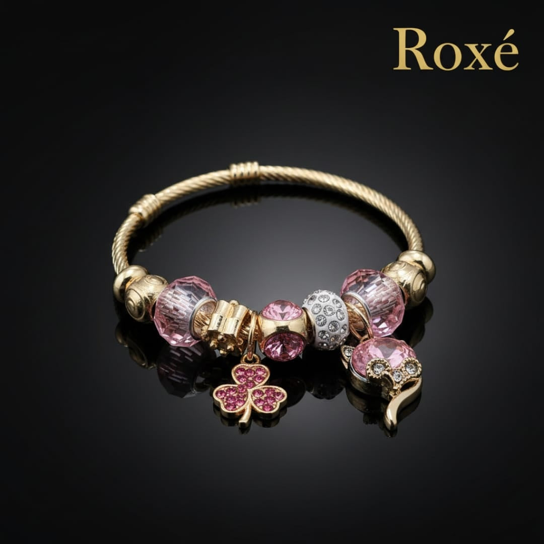 Bratara ROXE aurie cu pisicuta si trifoi charmuri elegante dama cadou stil modern