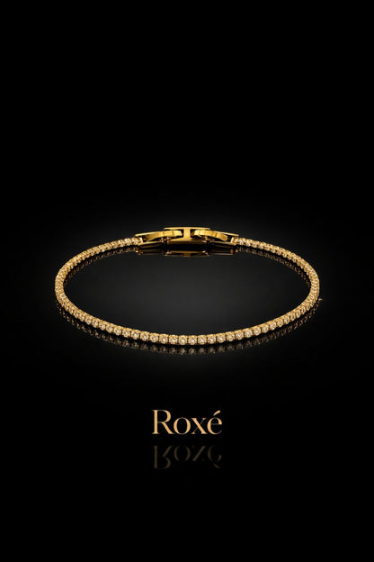 Bratara Roxe aurie eleganta cu cristale rotunde stralucitoare, 19 cm, material inoxidabil