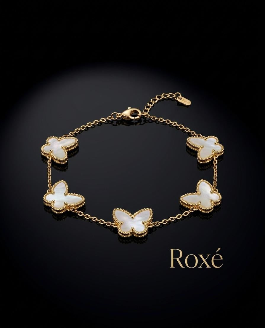 Bratara ROXE aurie eleganta cu fluturi albi, design rafinat, 24 cm